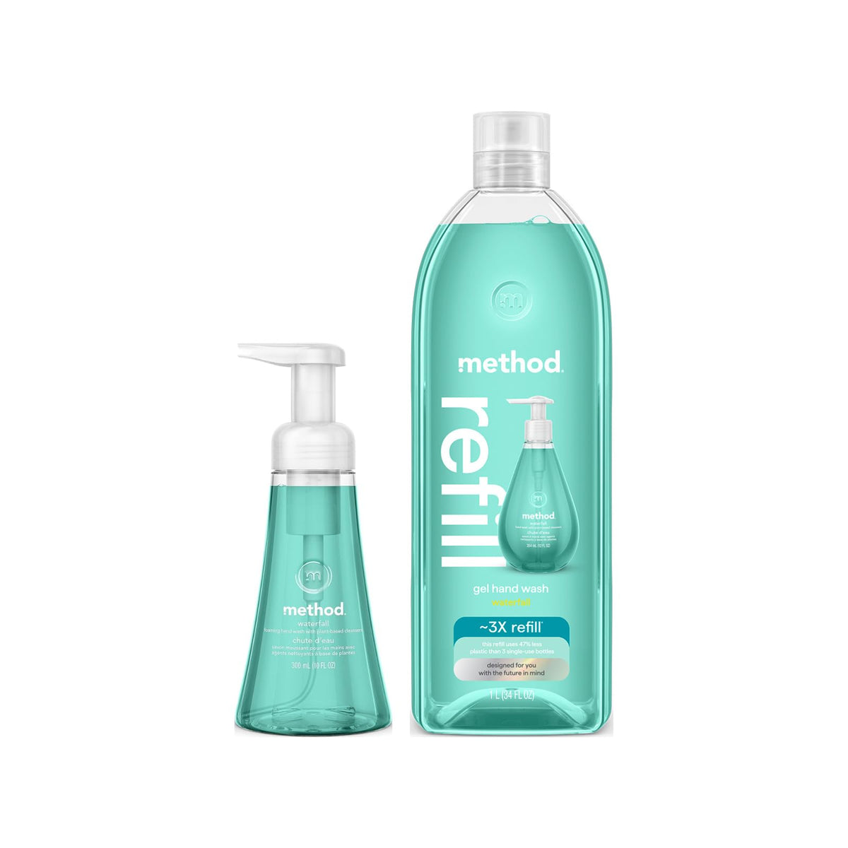 Method Waterfall foaming hand soap bottle showing rich foam and refreshing scent.