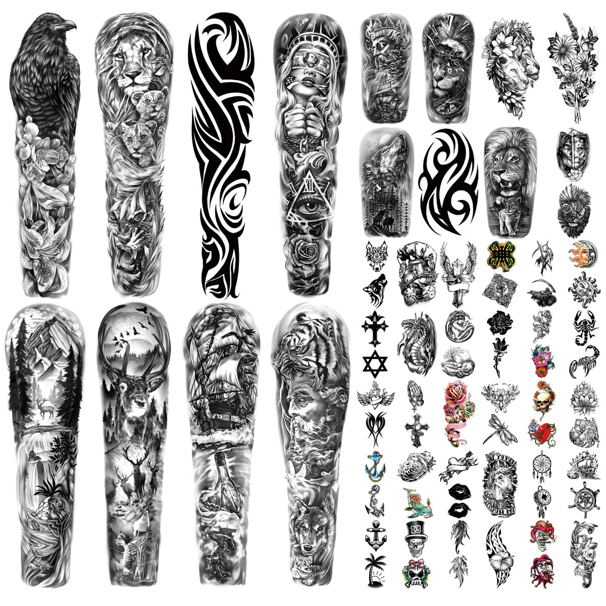 Metuu lion-tiger-clock-flower-skeleton tattoos for bold arm styling.