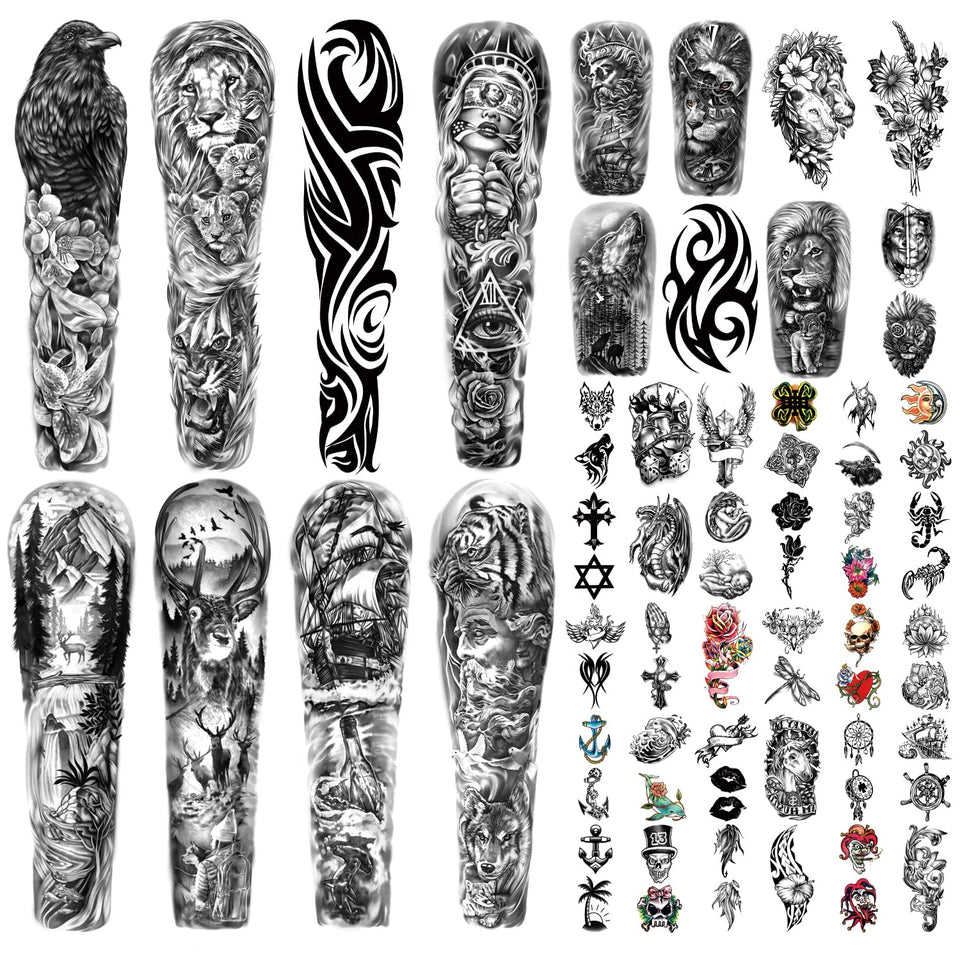 Metuu lion-tiger-clock-flower-skeleton tattoos for bold arm styling.