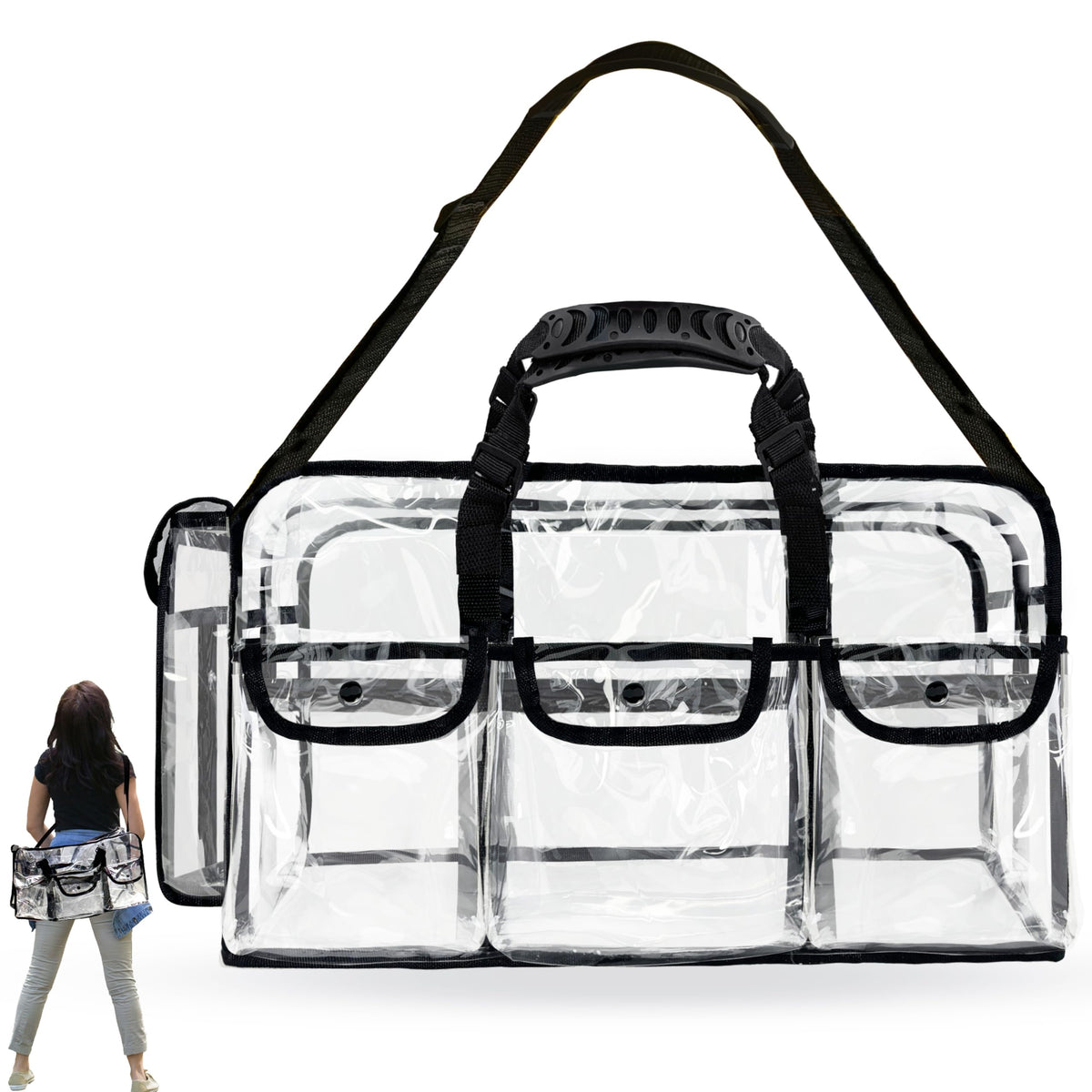 Mewcho clear tote bag, 20-inch size, for easy travel and quick access.