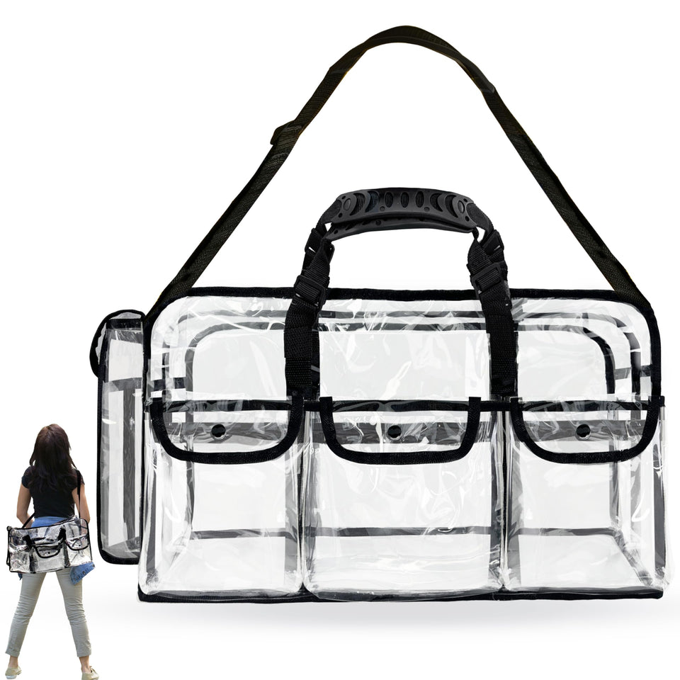 Mewcho clear tote bag, 20-inch size, for easy travel and quick access.