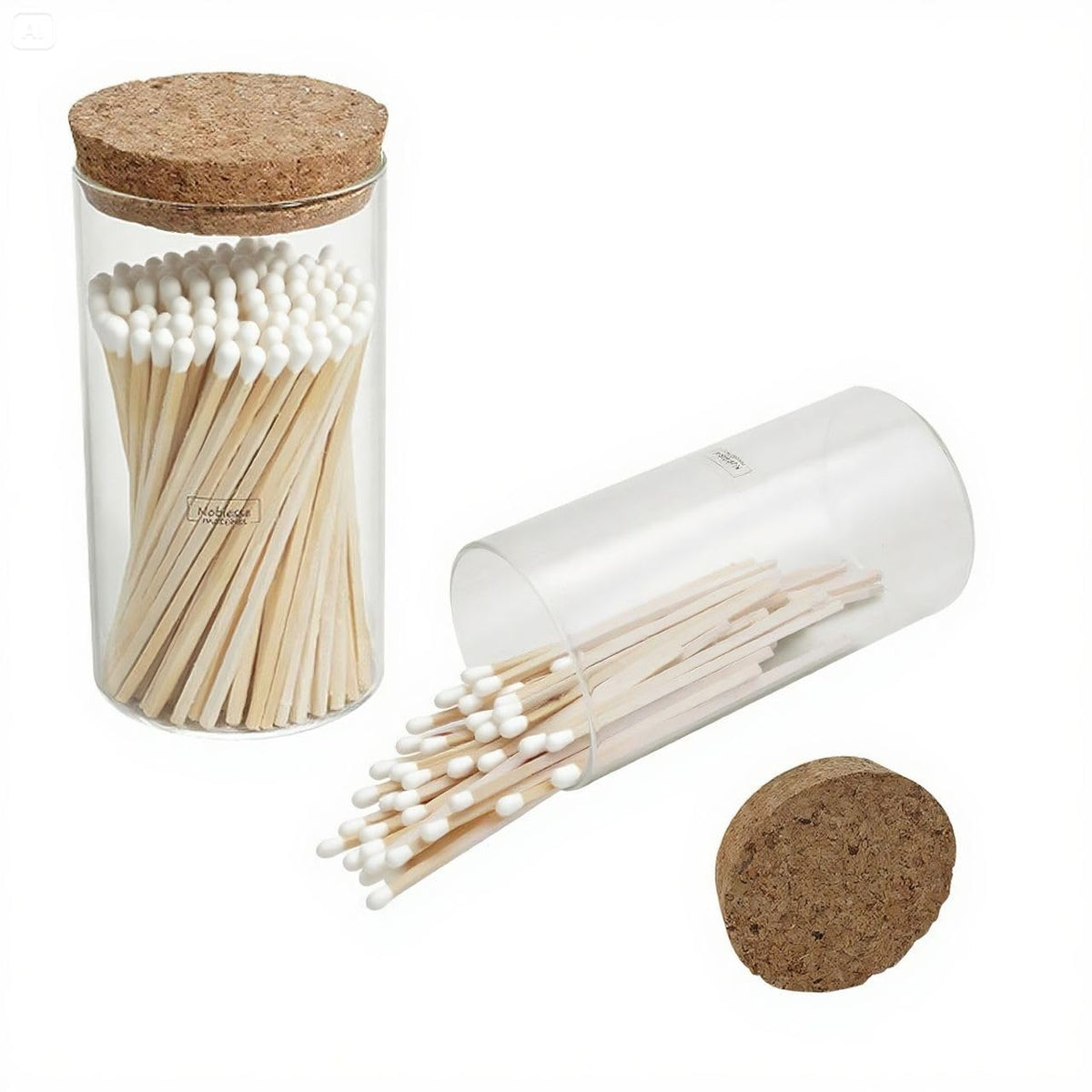 Meya Luxury colored safety matches in glass jar, close-up view with colorful tips.