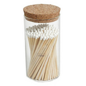 Meya Luxury colored safety matches in glass jar, front view for stylish lighting.
