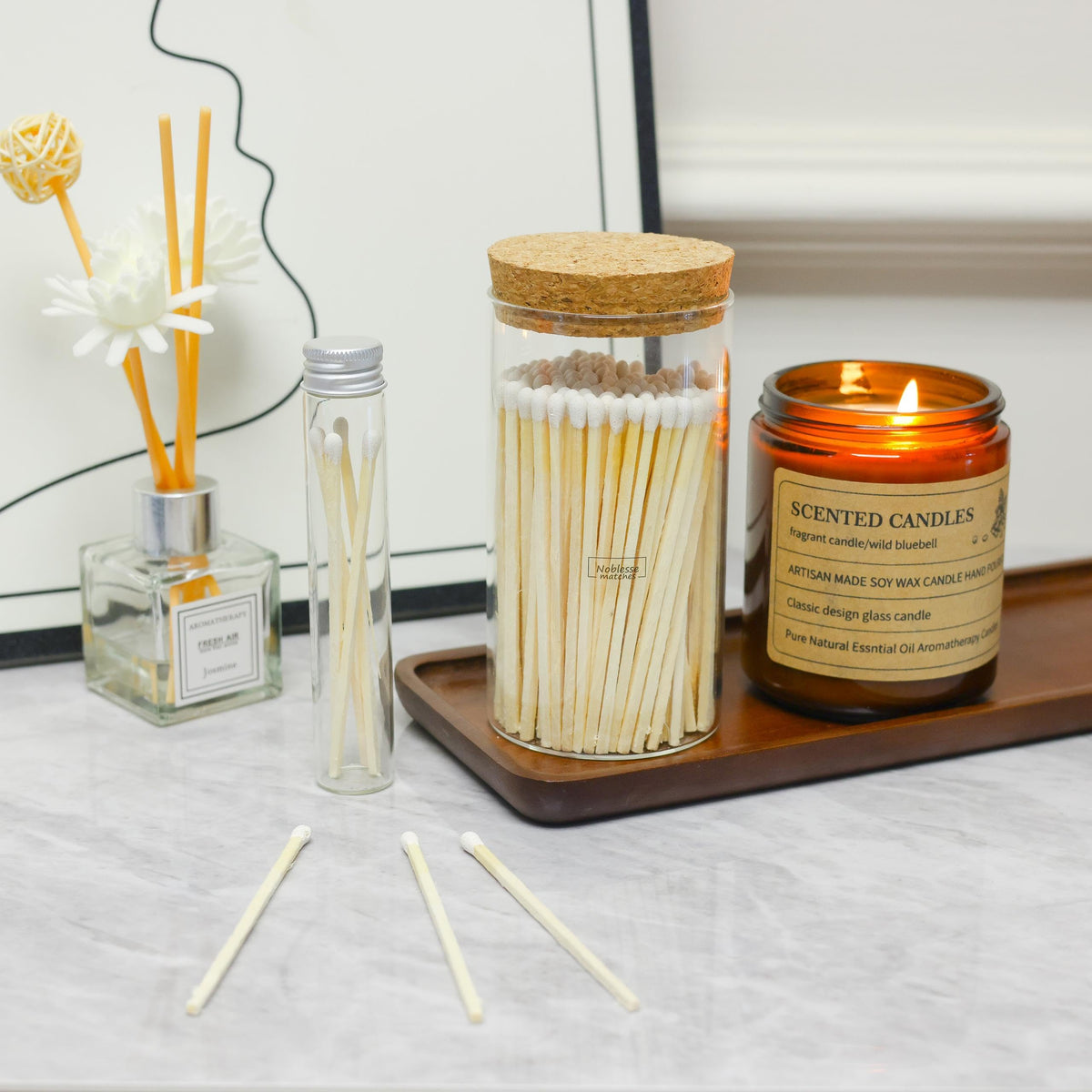 Meya Luxury reusable glass jar keeps matches dust-free and ready for decor.