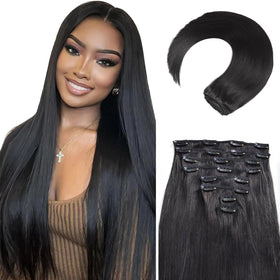 MEYOFUN clip-in hair extensions in 22 inch for instant length and volume.