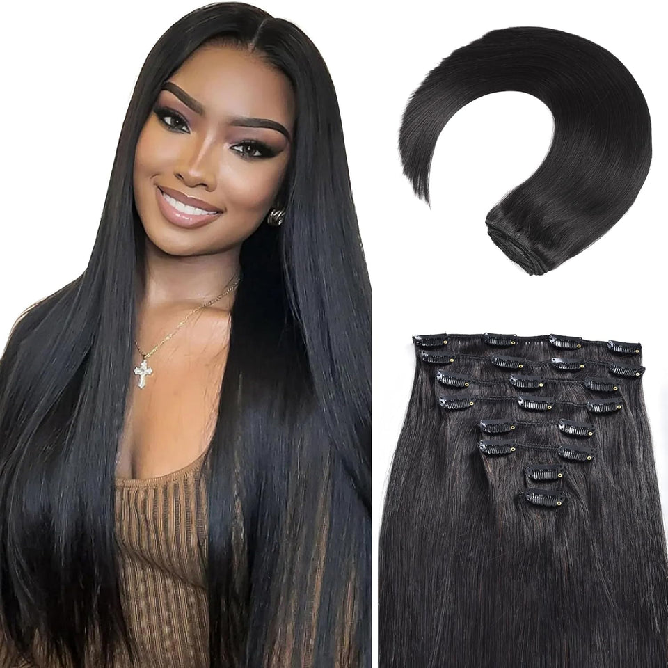 MEYOFUN clip-in hair extensions in 22 inch for instant length and volume.