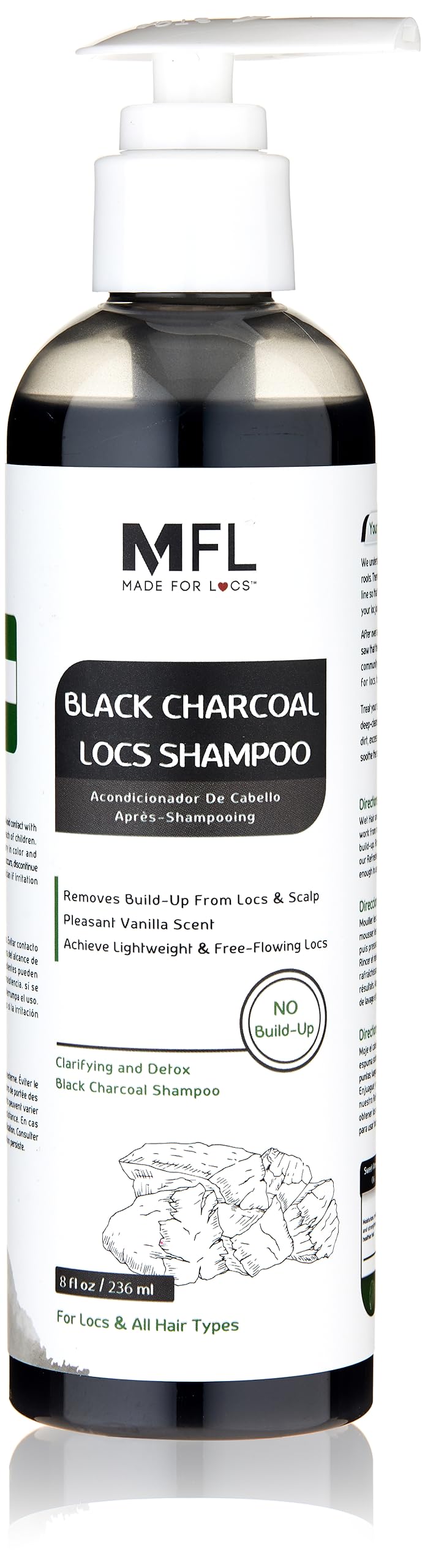MFL Made For Locs Black Charcoal Shampoo bottle front promotes deep cleanse and buildup removal