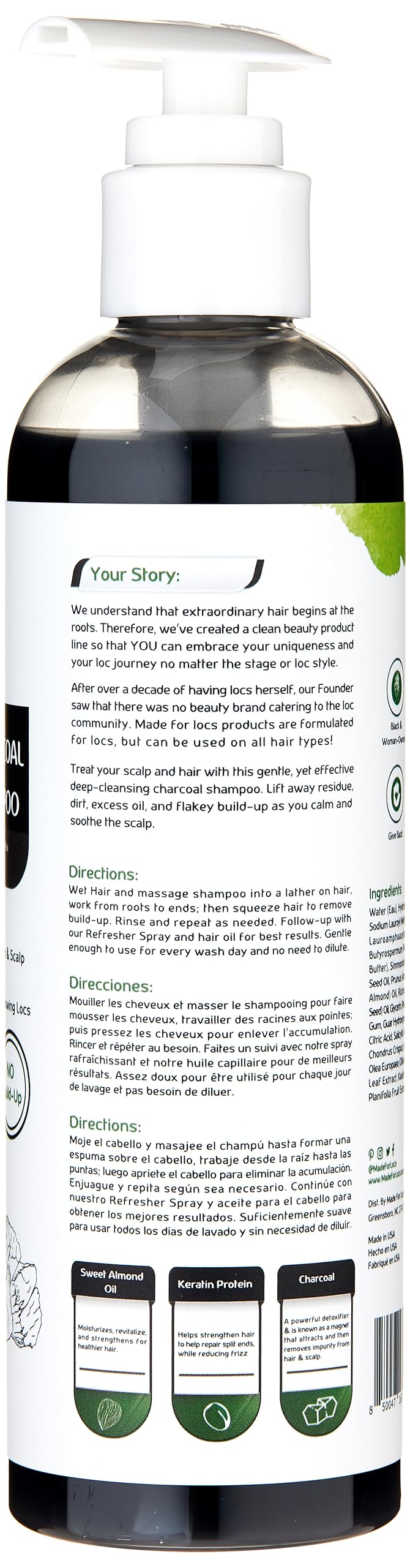 MFL Made For Locs Black Charcoal Shampoo bottle pour demonstrates detoxifying, clarifying action