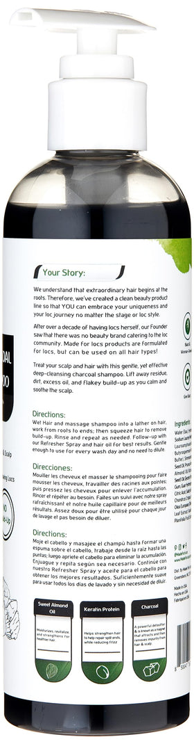 MFL Made For Locs Black Charcoal Shampoo bottle pour demonstrates detoxifying, clarifying action