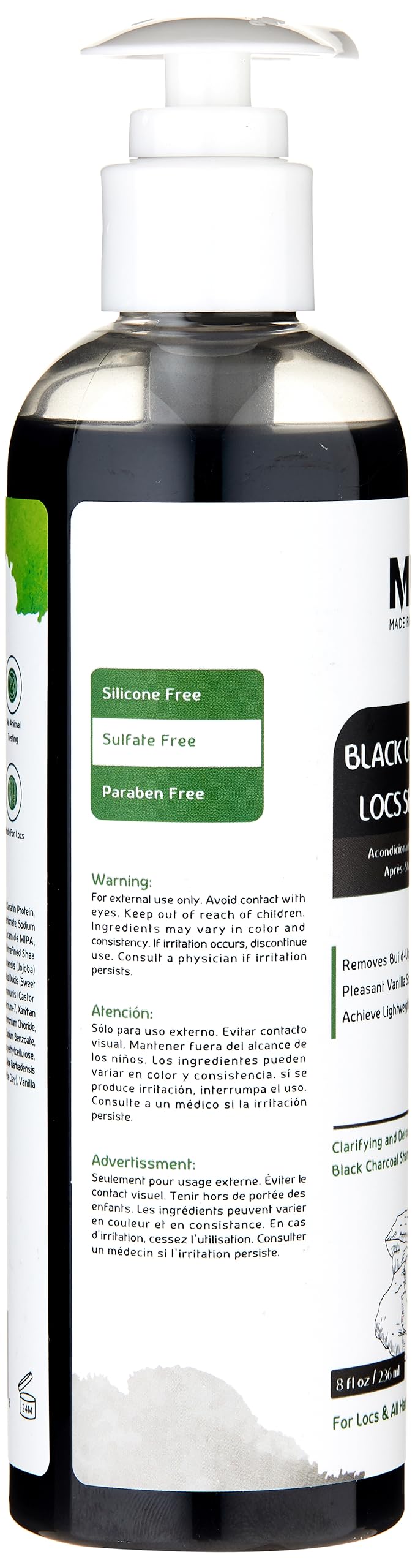 MFL Made For Locs Black Charcoal Shampoo label closeup highlights shine and vitality