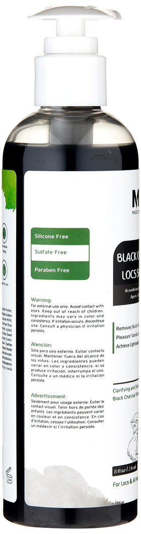 MFL Made For Locs Black Charcoal Shampoo label closeup highlights shine and vitality