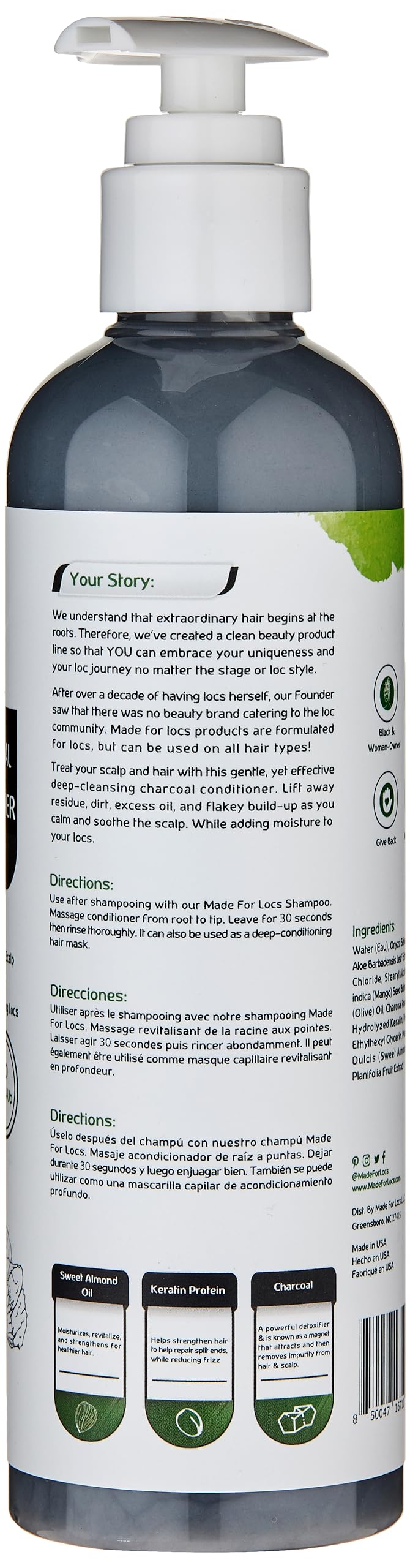 MFL Made For Locs charcoal conditioner label close-up highlighting detoxifying charcoal.