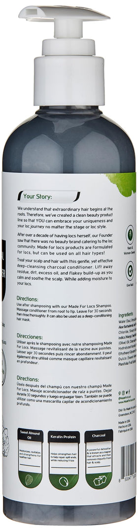 MFL Made For Locs charcoal conditioner label close-up highlighting detoxifying charcoal.