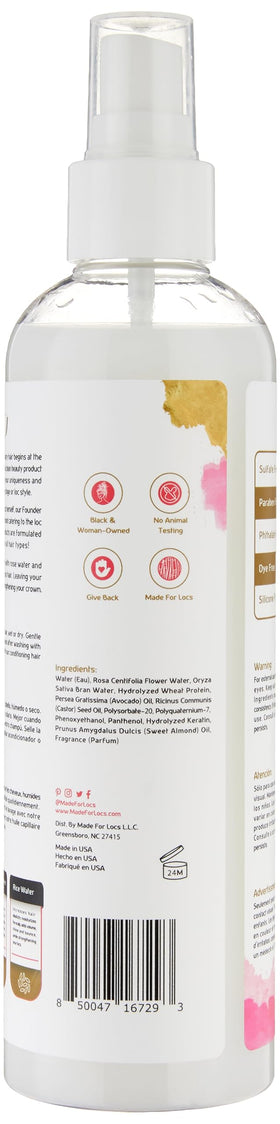 MFL Made For Locs Rose Water Refresher Ingredients Label highlights rose water and rice water benefits.