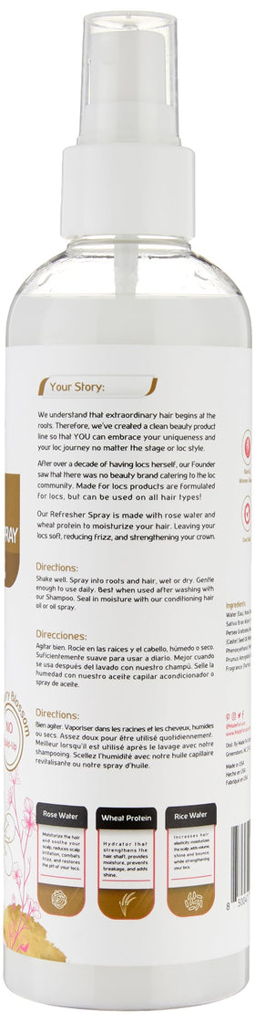 MFL Made For Locs Rose Water Refresher Mist delivers a lightweight hydrating spray for scalp comfort.