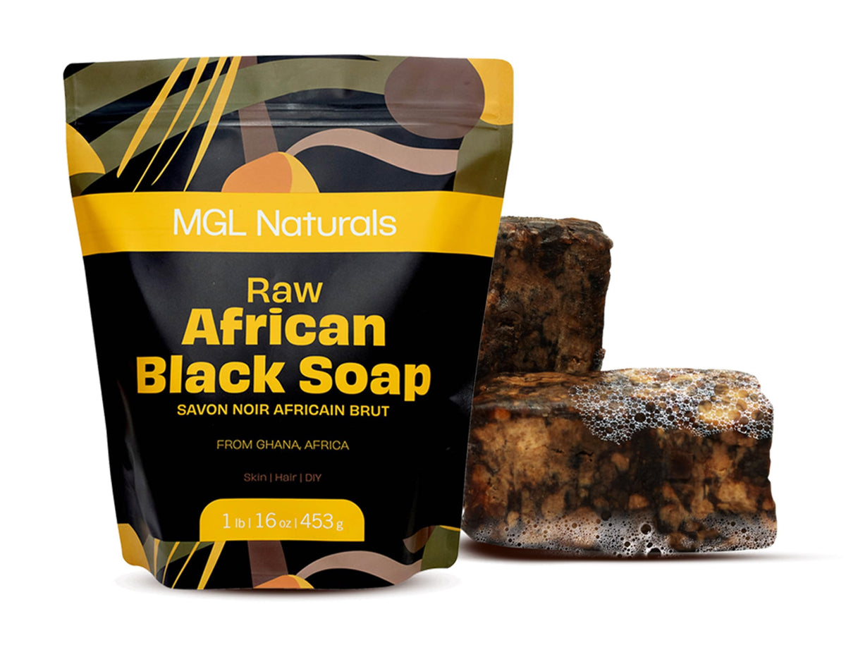 MGL Naturals Raw African Black Soap bar close-up for rich cleansing.