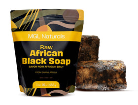 MGL Naturals Raw African Black Soap bar close-up for rich cleansing.