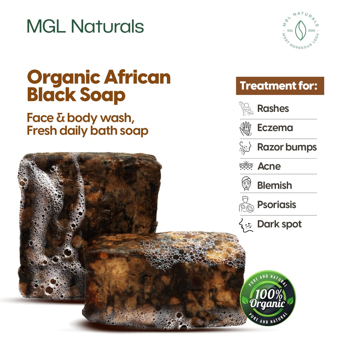 MGL Naturals Raw African Black Soap ingredients with organic shea butter.