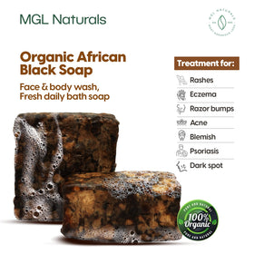 MGL Naturals Raw African Black Soap ingredients with organic shea butter.