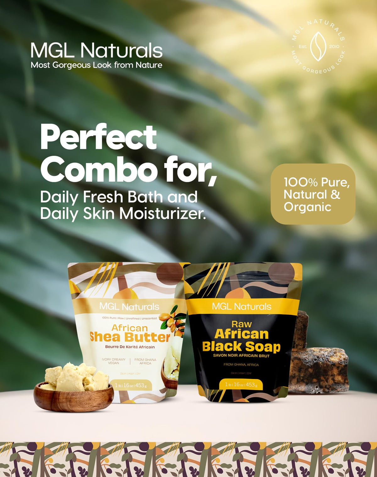 Packaging artwork and branding for MGL Naturals soap.