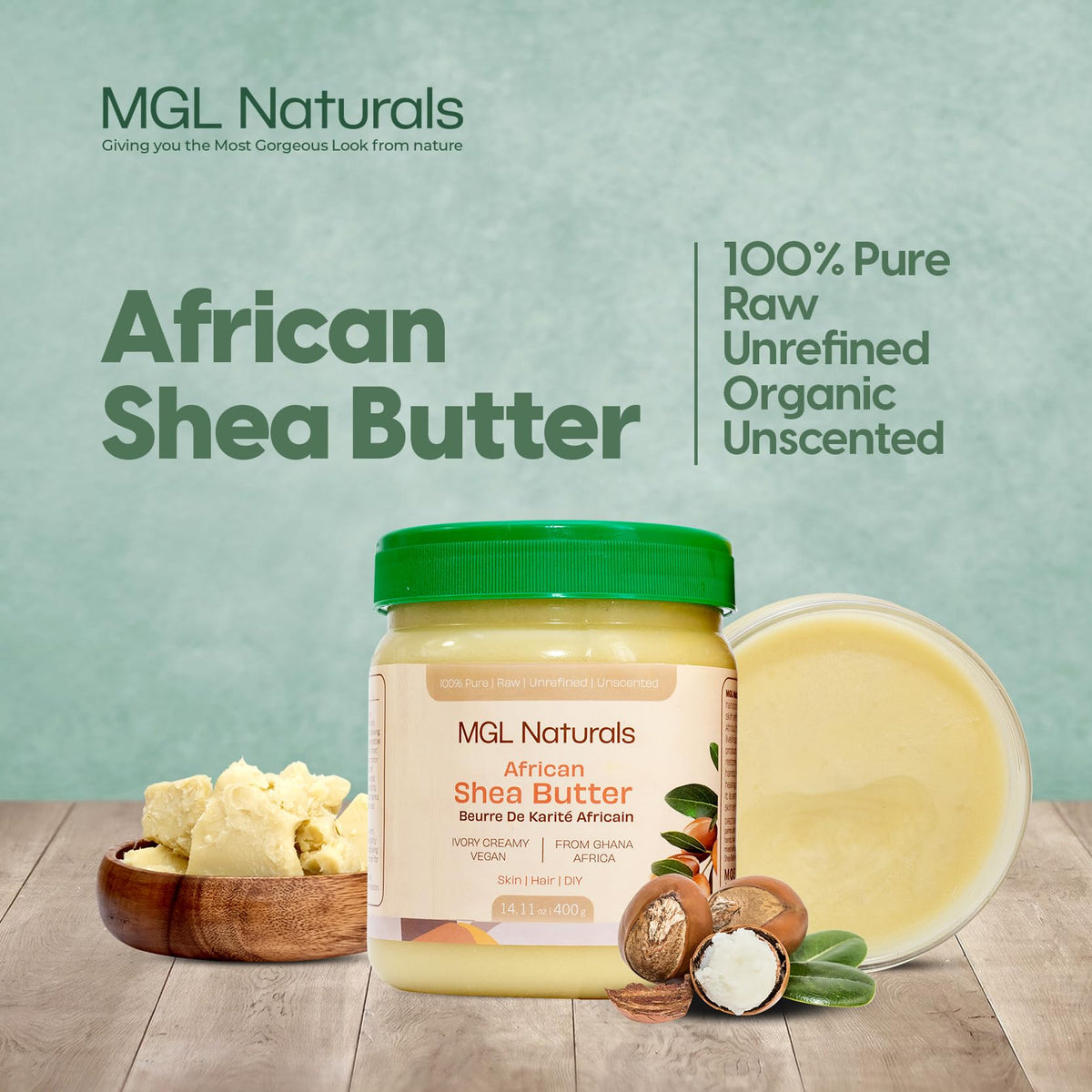 MGL Naturals 1lb jar of ivory shea butter for daily moisturization
