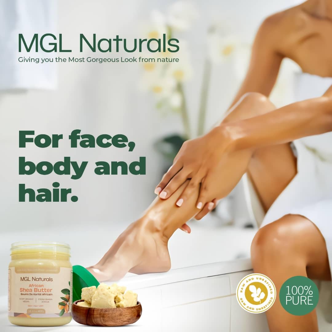 Close-up of MGL Naturals Shea Butter texture showing creamy, unrefined consistency