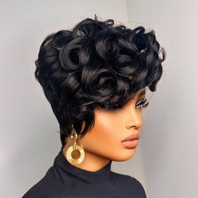 MGOKEMAY Short Pixie Cut Wig bangs offer a modern silhouette for any look.