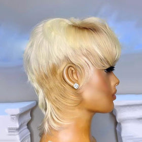 MGOKEMAY pixie wig with 613 blonde and 30 highlights, side view.