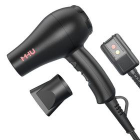 MHU mini blow dryer front view with ceramic ionic tech for smooth styling