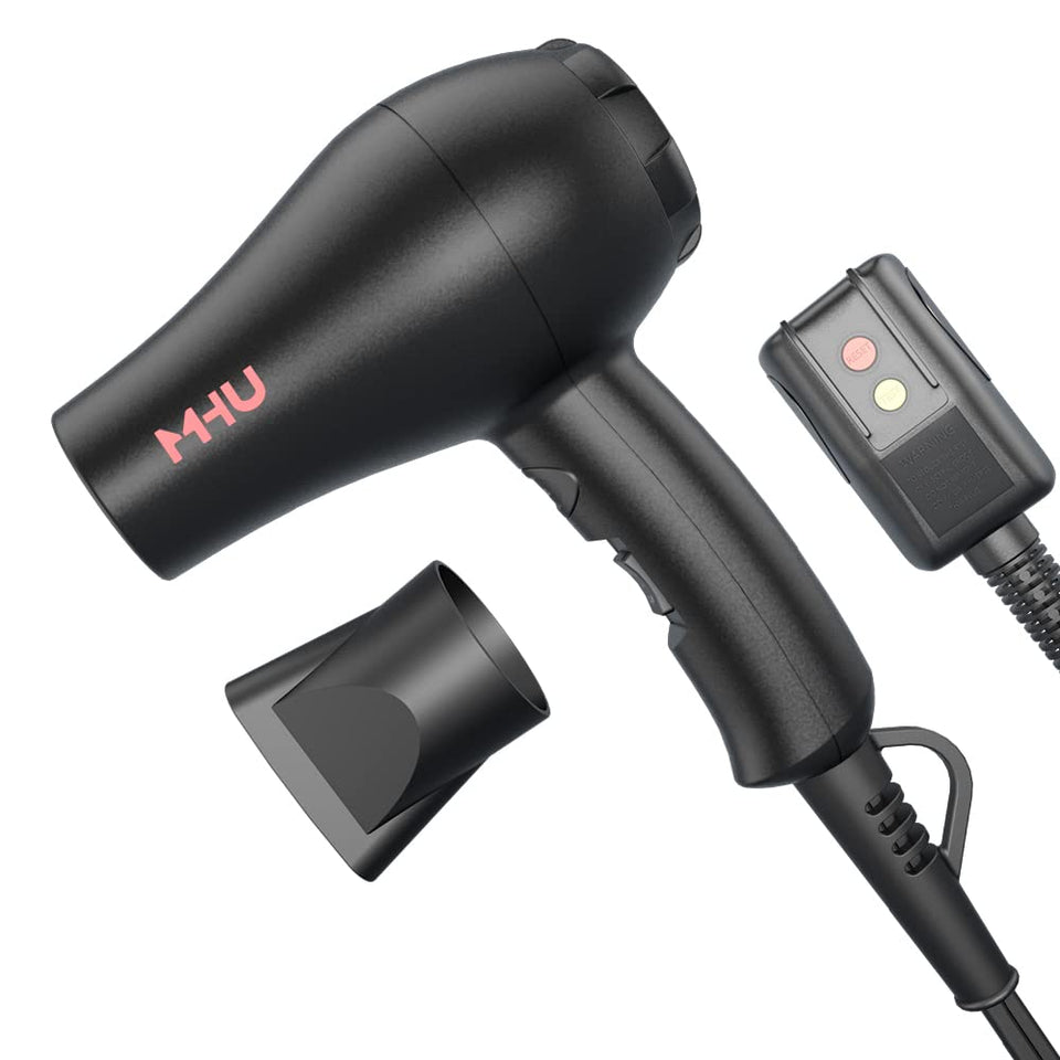 MHU mini blow dryer front view with ceramic ionic tech for smooth styling