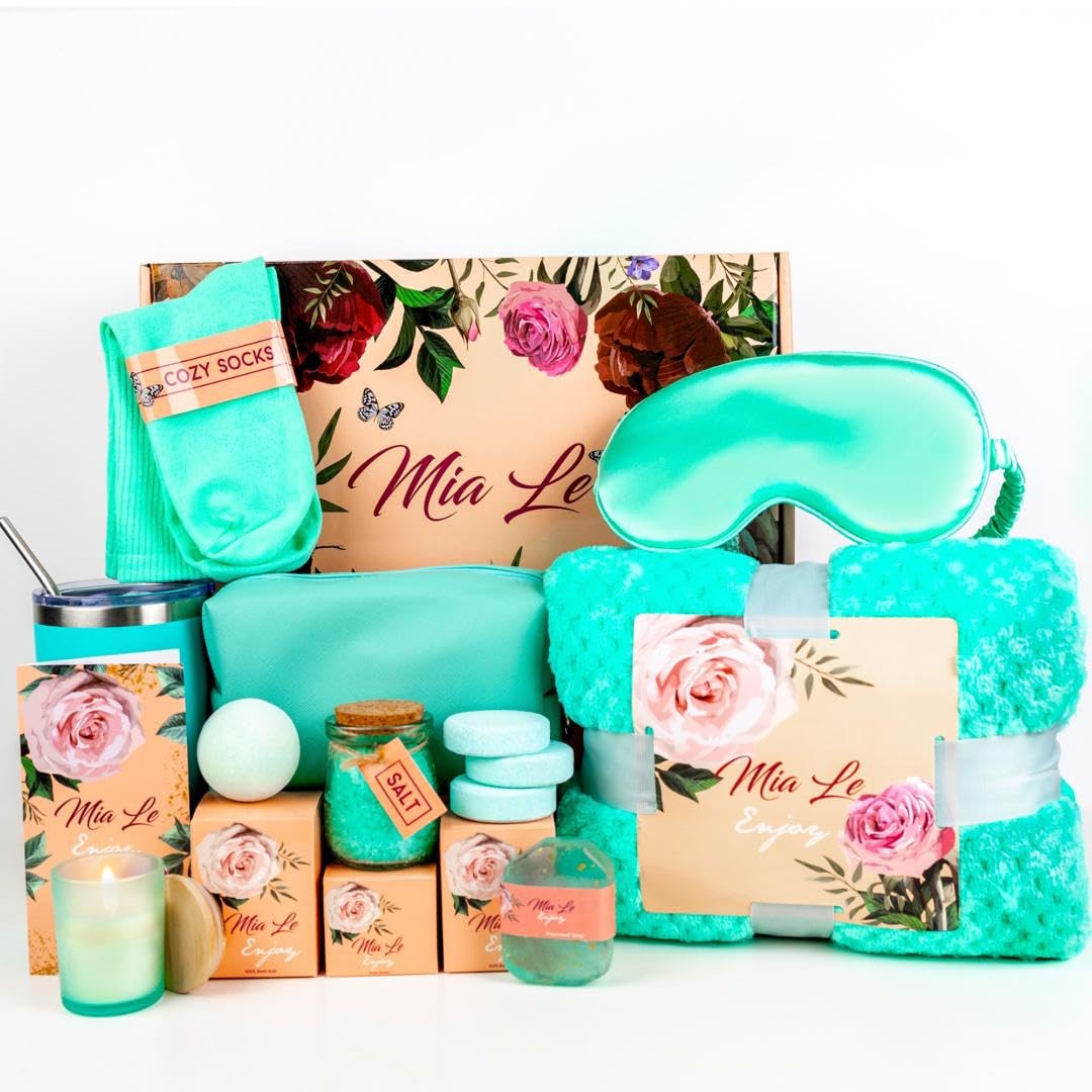 Mia Le luxury spa basket with turquoise bath bombs for at-home relaxation