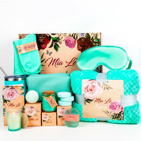 Mia Le luxury spa basket with turquoise bath bombs for at-home relaxation
