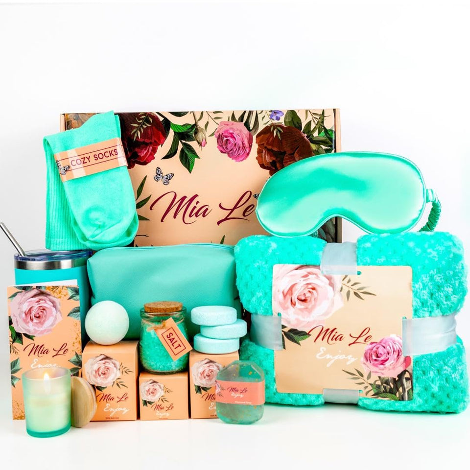 Mia Le luxury spa basket with turquoise bath bombs for at-home relaxation