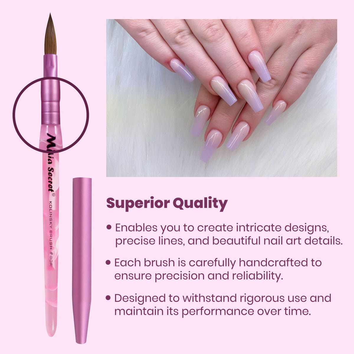 Mia Secret acrylic nail brush in action for smooth overlays.