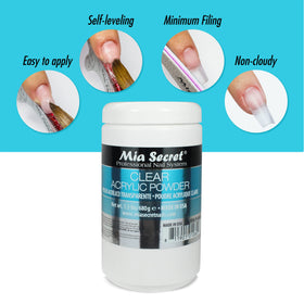 Mia Secret Clear Acrylic Powder 24oz with gel system compatibility shown for seamless blends