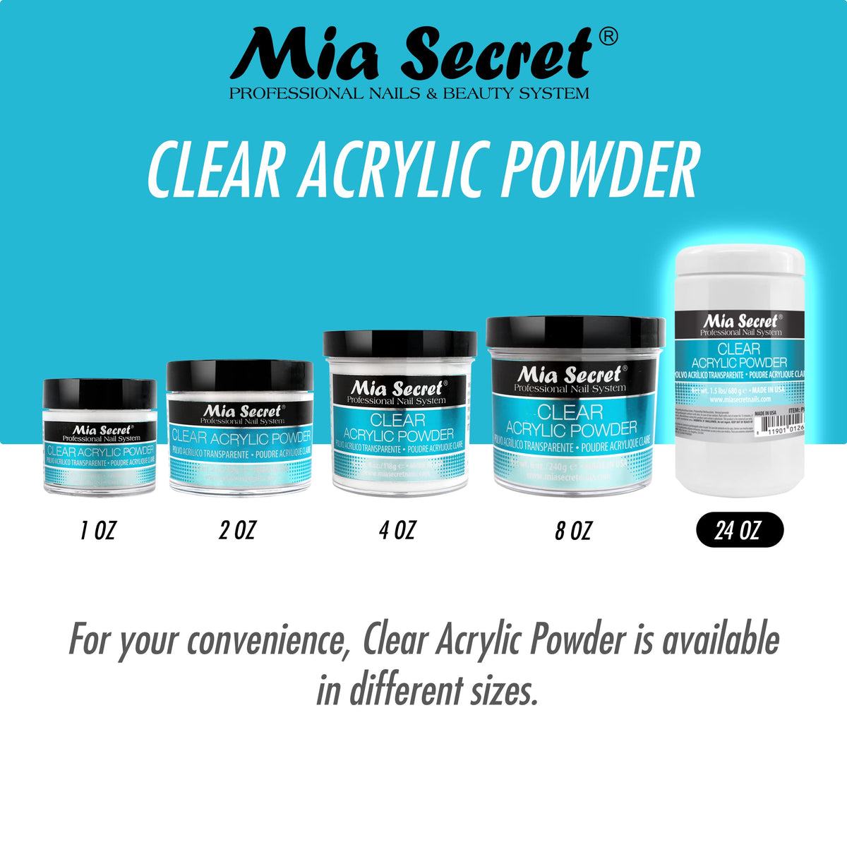Mia Secret Clear Acrylic Powder 24oz professional setup demonstrating durable finish