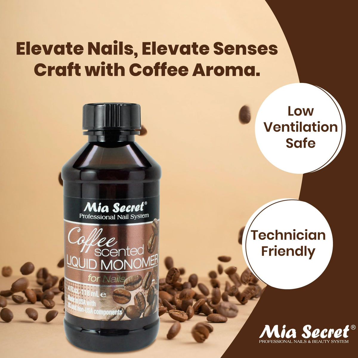 Mia Secret coffee scented monomer closeup pour reduces salon odors
