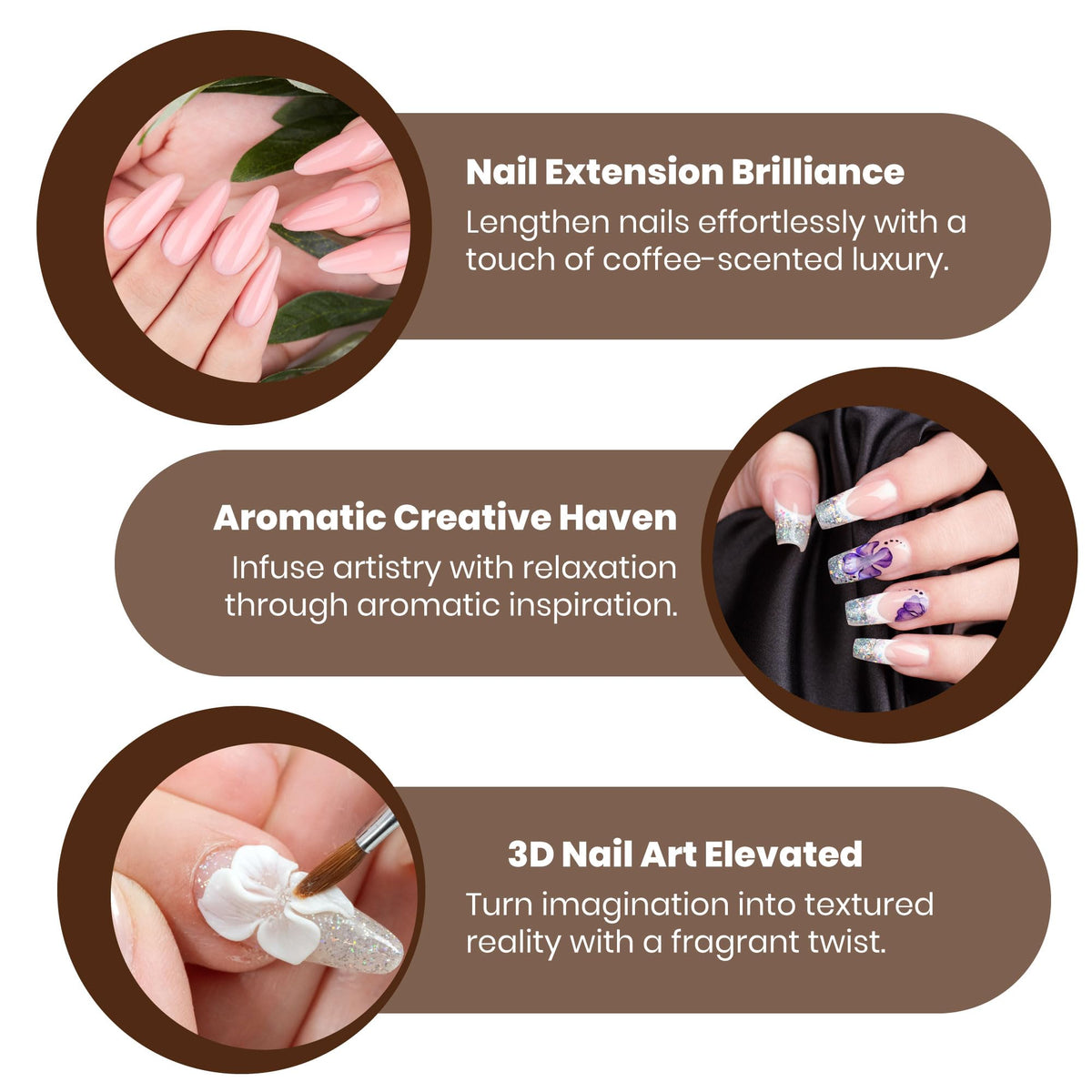 Mia Secret coffee scented monomer on nail application scene comforts clients