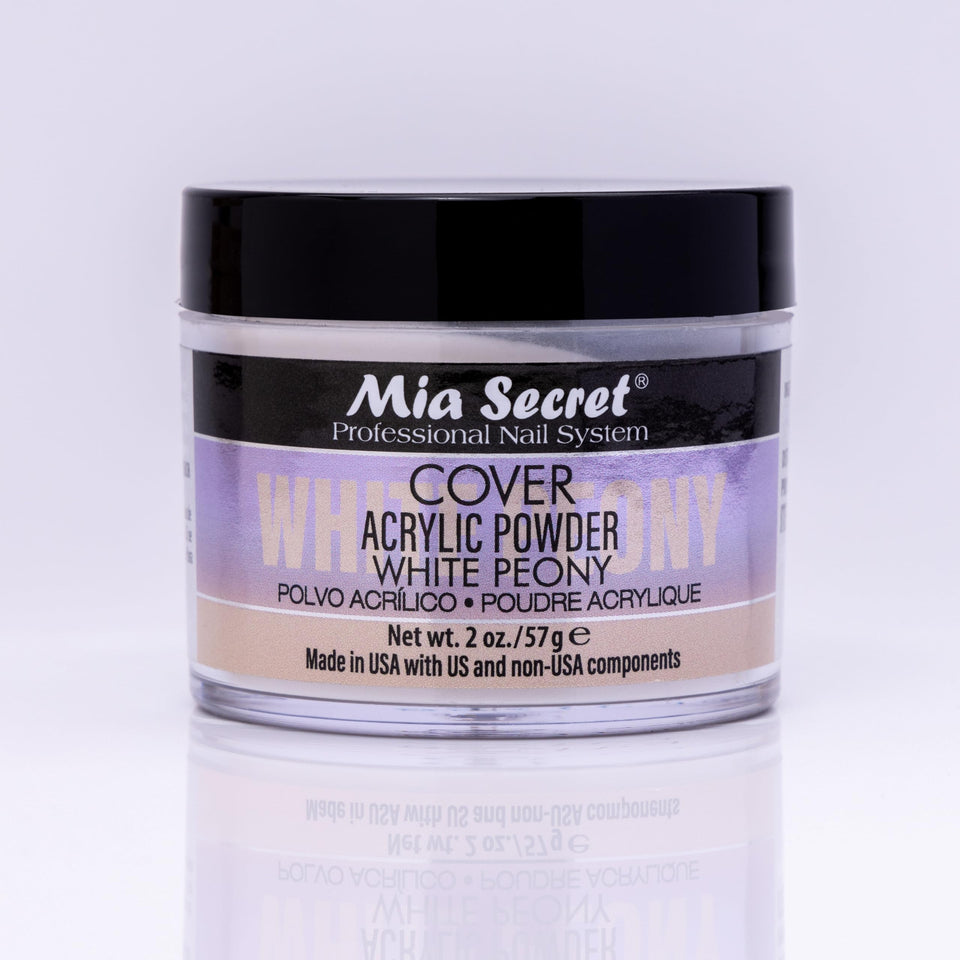 Mia Secret Cover White Peony acrylic powder jar close-up for smooth, self-leveling nails.