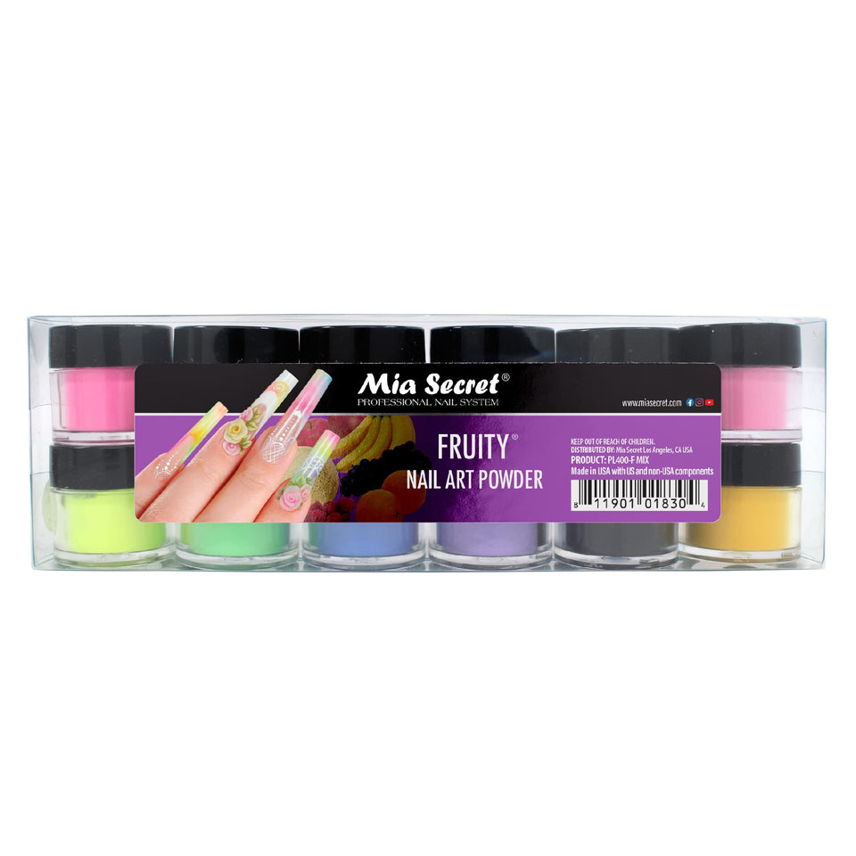 Mia Secret Fruity Collection acrylic powder 12 colors palette closeup for at home manicures.