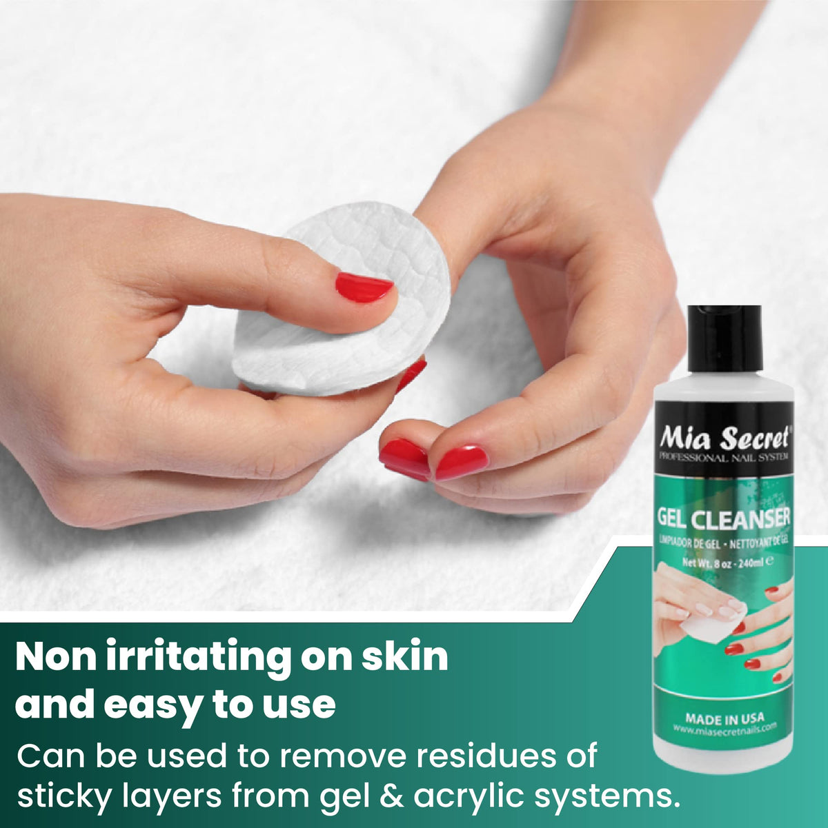 Mia Secret Gelux bottle closeup emphasizes premium gel system compatibility.