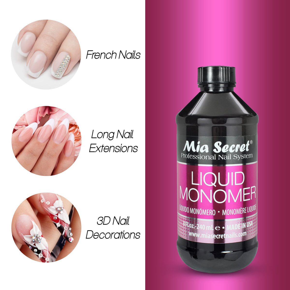 Mia Secret non-yellowing formula helps maintain natural nail color during sets.