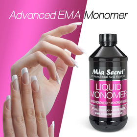 Mia Secret liquid monomer bottle, USA-made, reflects strict quality control.