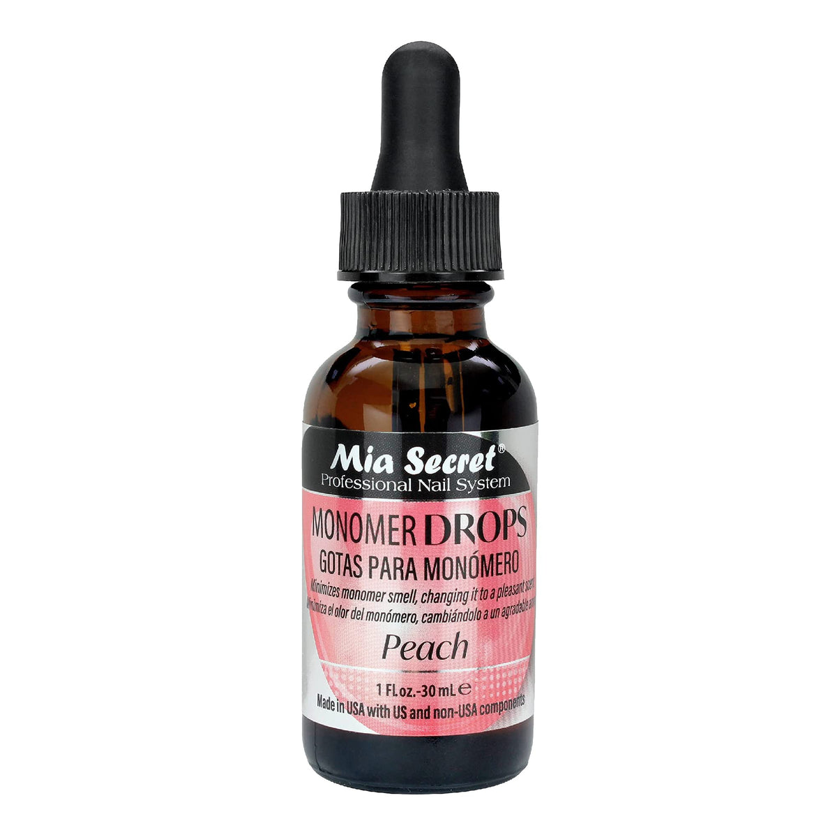 Mia Secret Monomer Drops Peach bottle with odor-control labeling