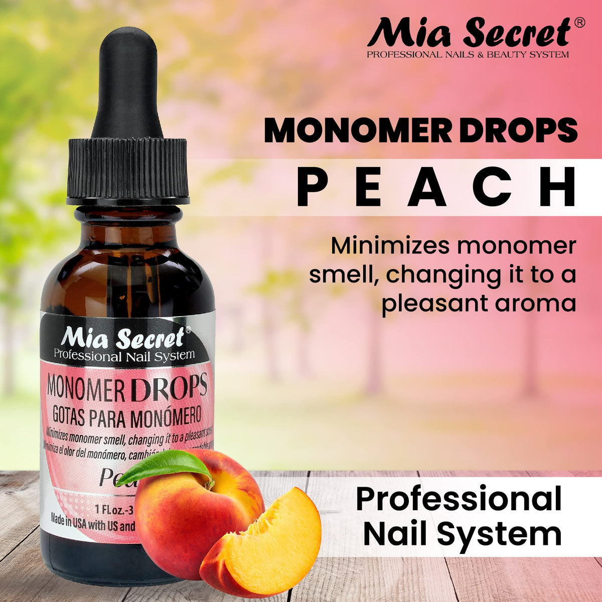 Mia Secret Monomer Drops Peach in a dappen dish ready for use