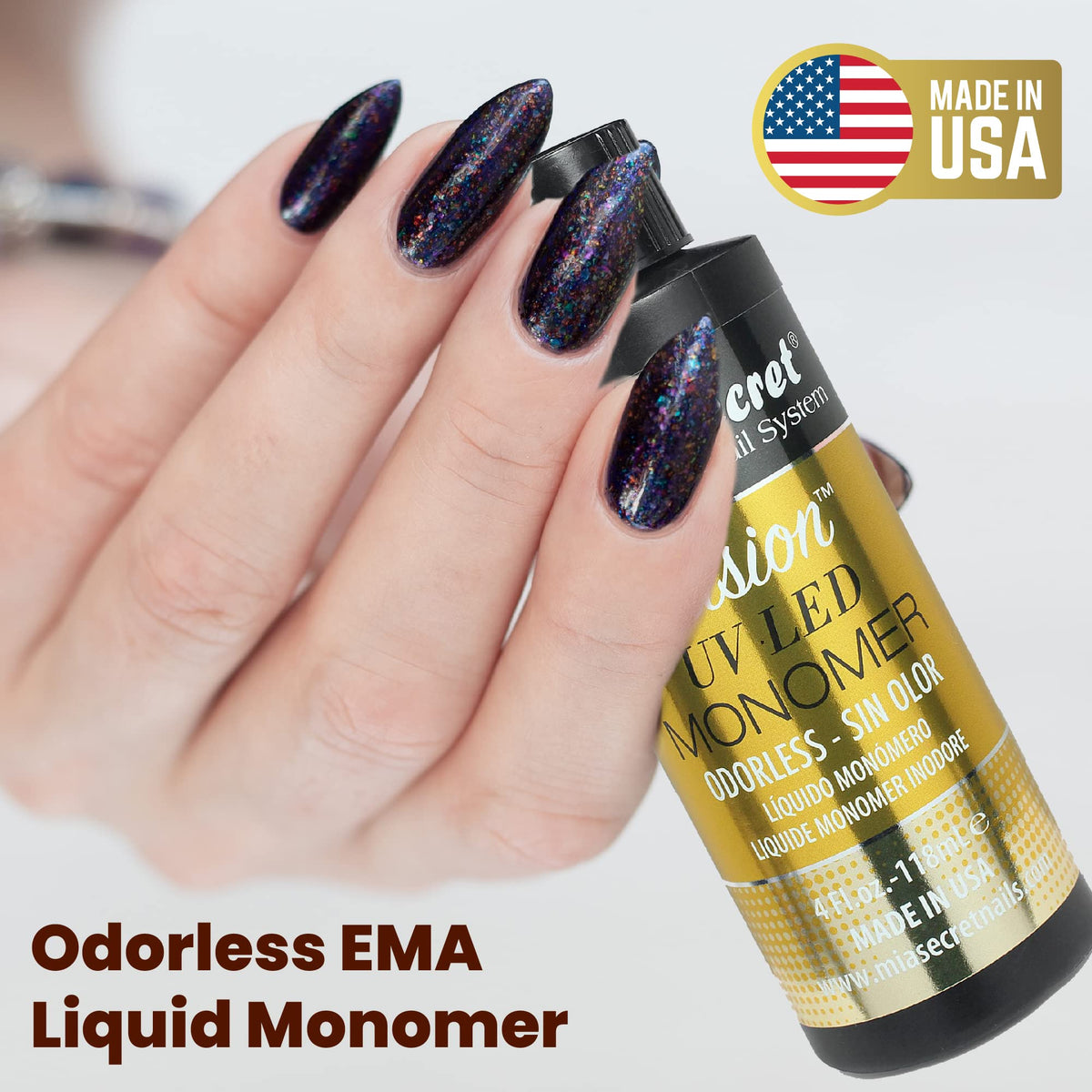Mia Secret Odorless Fusion UV LED Monomer non-yellowing formula supports color stability.