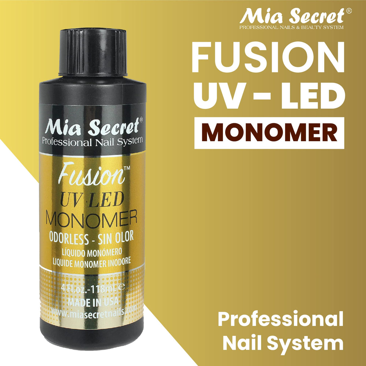 Mia Secret Odorless Fusion UV LED Monomer bottle 4oz for extended sessions and reliable curing.