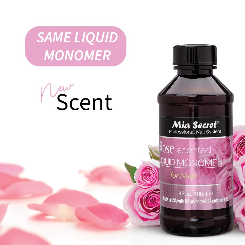 Close-up of Mia Secret rose-scented monomer in action for odor-friendly salon use.