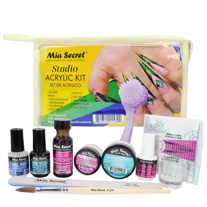 Mia Secret Studio Acrylic Kit packaging reveals a complete starter set for studio-grade nails