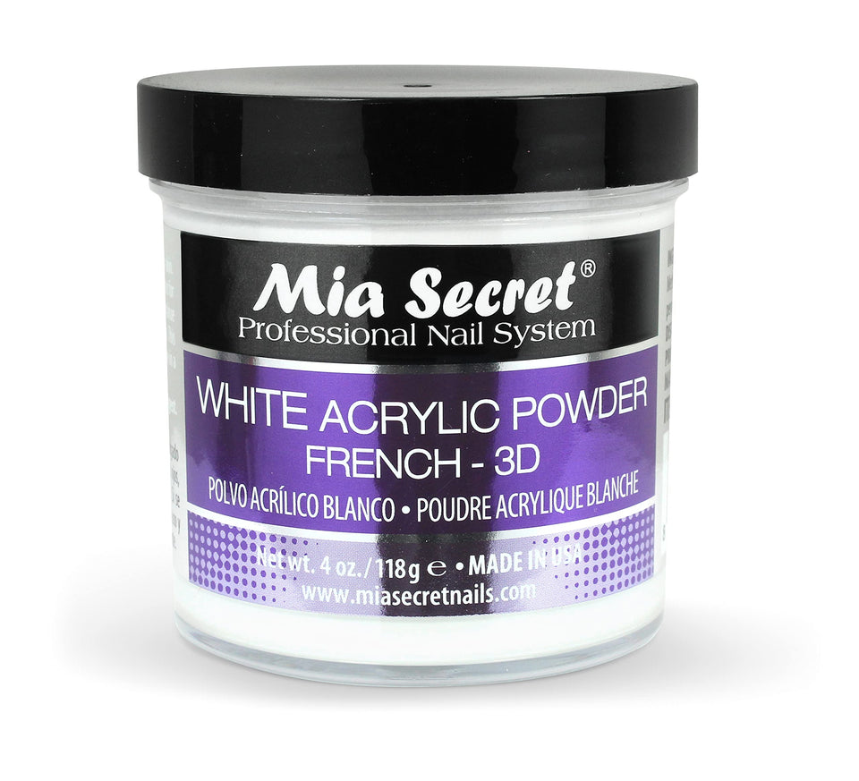 Mia Secret white acrylic powder 4oz bottle closeup for precise sculpting